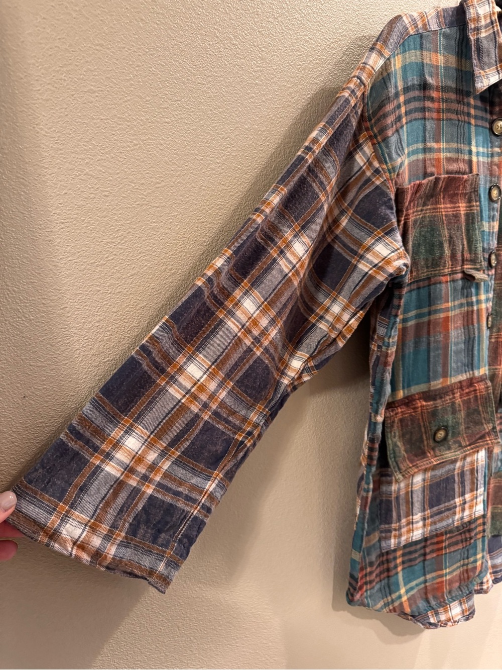 Angie Patchwork Plaid Button-Down Shirt Jacket - Teal & Brown & Cream - Picture 7 of 9